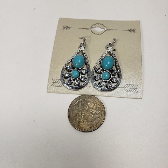 Water Drop Shape Hammered Silver-tone Turquoise Stone, Crystal Teardrop Earrings - Picture 7 of 8